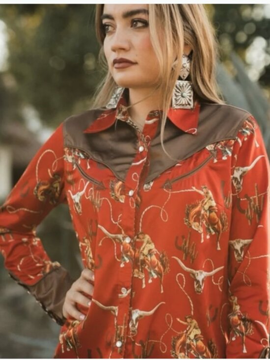 Rodeo Quincy Tops - Women's Red Western-Print Button Down Shirt